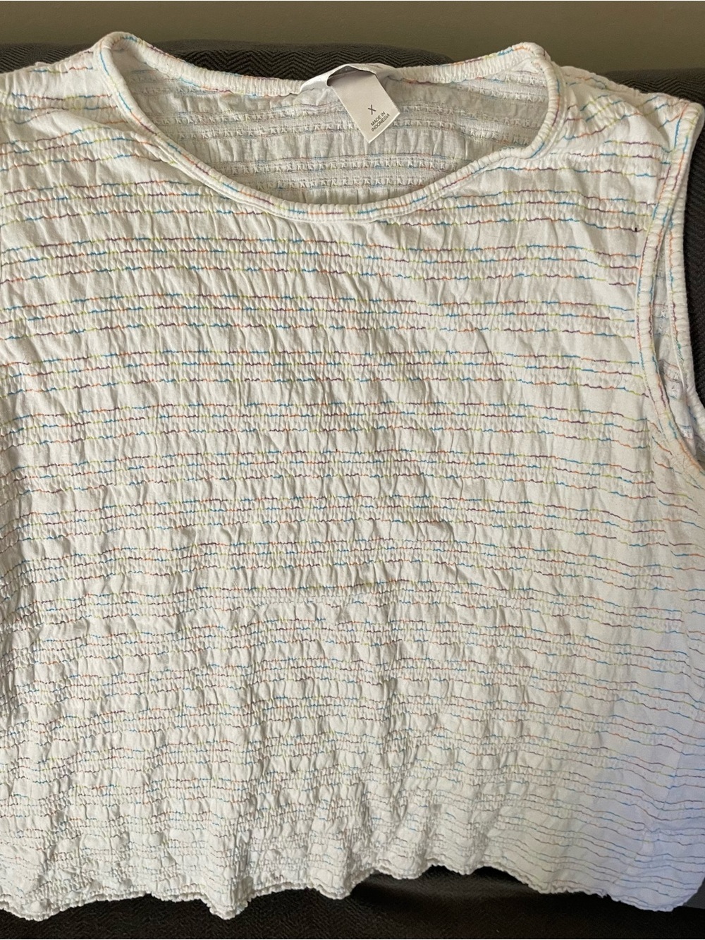 Christopher & Banks White Textured Sleeveless Tank with Subtle Rainbow Stitching